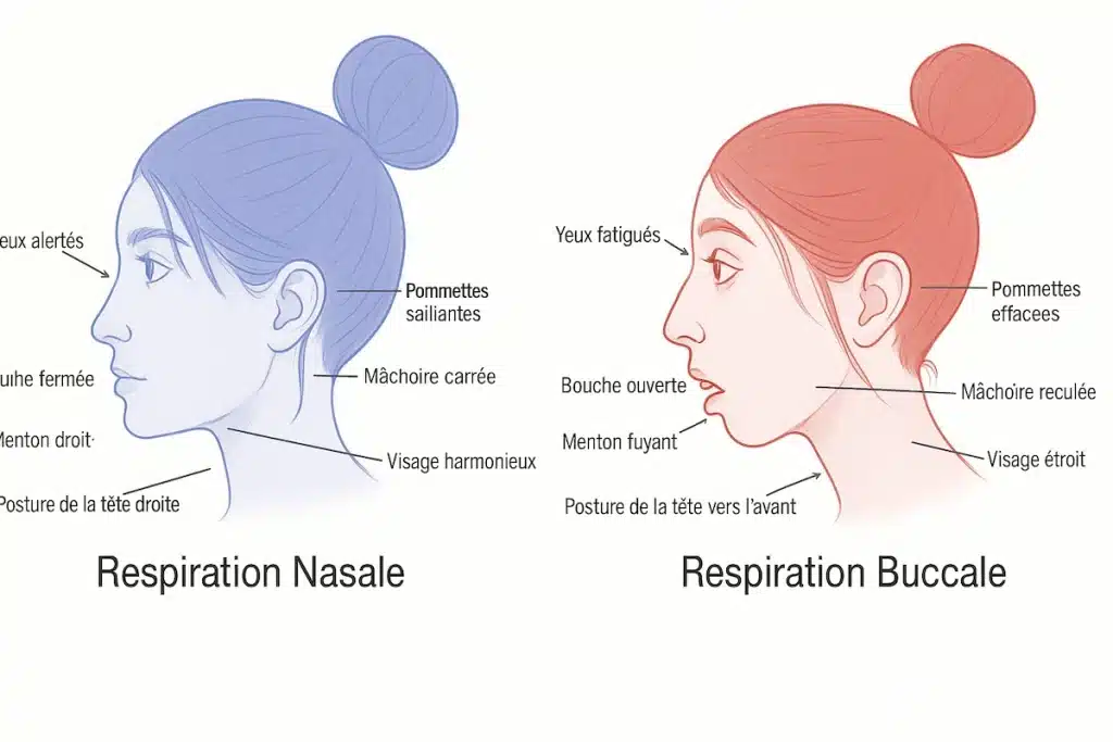 Comparaison avant/après d’une femme qui fait la respiration nasale : à droite, elle respire par la bouche, ses yeux sont fatigués, son visage tombe vers l’avant, elle paraît avachie avec un mauvais alignement osseux. À gauche, grâce à une respiration nasale et au mewing, elle a les yeux vifs, une mâchoire bien définie, une nuque élancée et une posture harmonieuse qui sublime sa beauté naturelle.